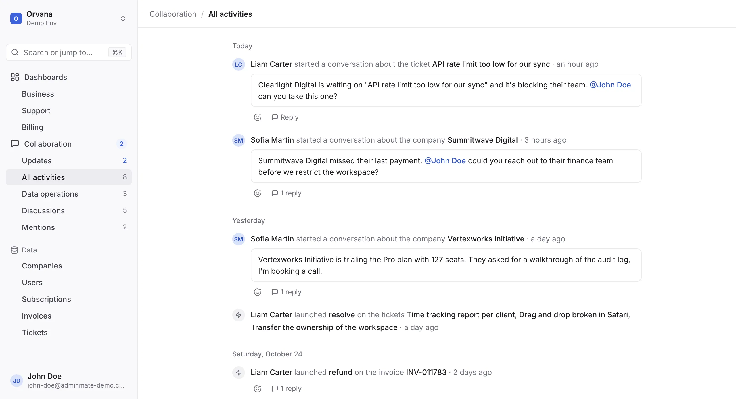 Adminmate activity feed with conversations, mentions and actions on the data