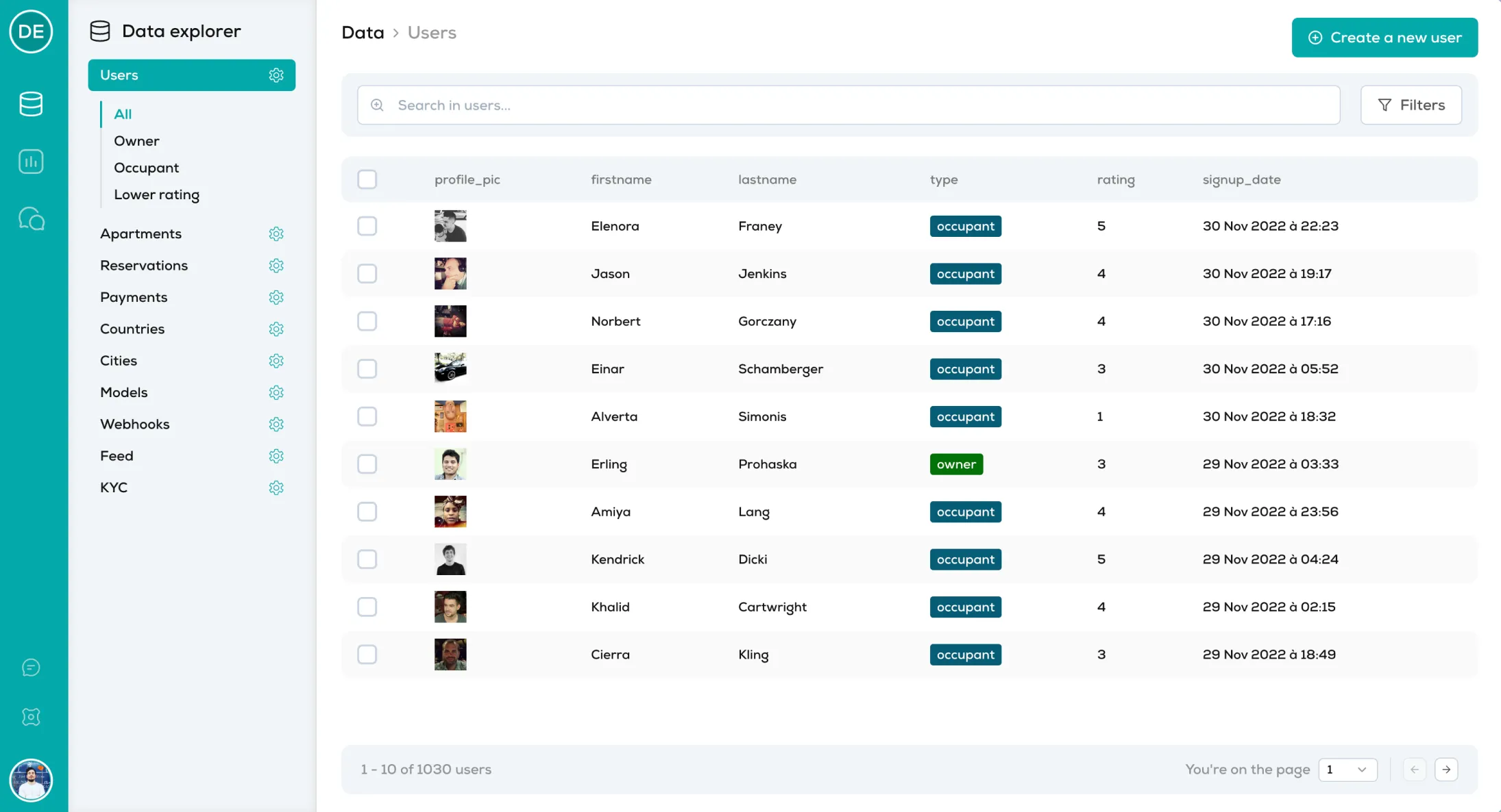 Adminmate data explorer listing the users table with search and filters